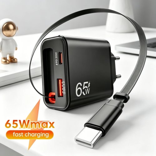 Ładowarka sieciowa 65W USB-C PD z wysuwanym kablem Type-C, szybkie ładowanie QC3.0 — kompatybilna z iPhone 17/16, Xiaomi, POCO