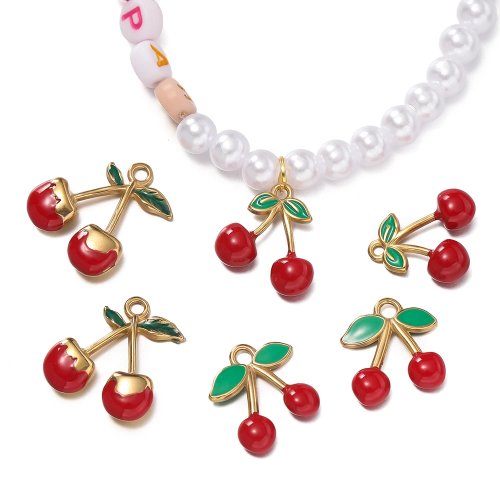 Pack de 2 pendentes em forma de cereja vermelha em aço inoxidável (3 tamanhos) — para pulseiras e colares DIY