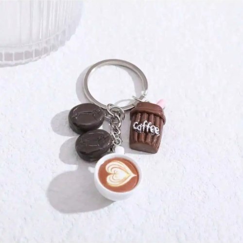 Coffee-themed keychain with latte art cup and coffee bean charm — bag & car decoration