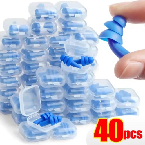 Bouchons d'oreille en silicone réutilisables pour dormir et nager — anti‑bruit, étanches, avec boîte de rangement. Disponibles en 1 paire ou pack de 25