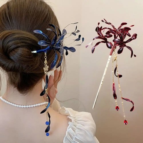 عيدان شعر على شكل زهرة Spider Lily على الطراز الصيني مع شرابات — دبابيس شعر زفافية على طراز هانفو عتيقة
