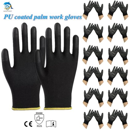 10–50 pares Luvas de trabalho em nylon com palma revestida em PU — Luvas de segurança para carpinteiros e reparações