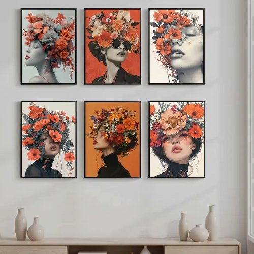 Lienzo decorativo estilo nórdico vintage con mujer y flores — póster moderno para pared