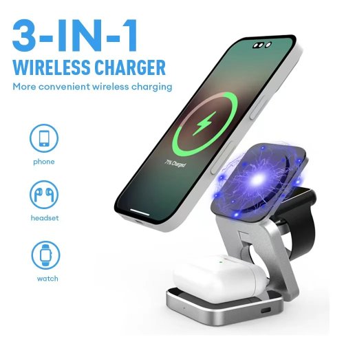 접이식 자석 무선 충전기 3-in-1 – iPhone 12–17·AirPods·Apple Watch 호환, 휴대용 여행용 충전 스테이션