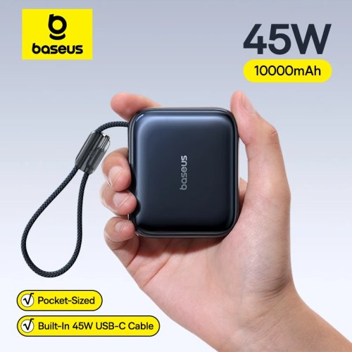 Baseus 45W 10000mAh 미니 보조배터리 USB‑C 내장 케이블 — 휴대용 고속충전, iPhone 17·Samsung S25 호환