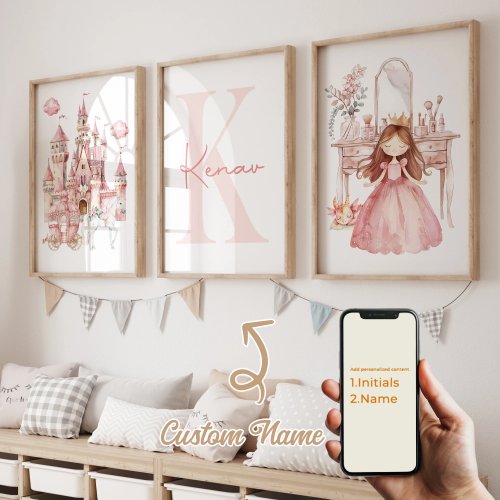 Lot de 3 toiles personnalisées princesse cartoon avec prénom – tableau décoratif pour chambre d'enfant et salon