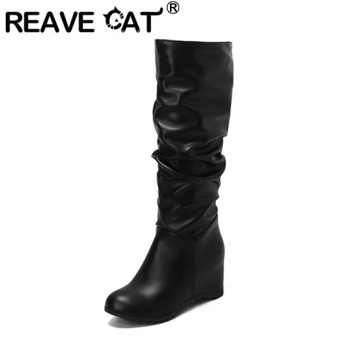 REAVE CAT Stivali donna al ginocchio, punta tonda, tacco nascosto 7 cm, slip-on, dettaglio plissettato, taglie 42-43