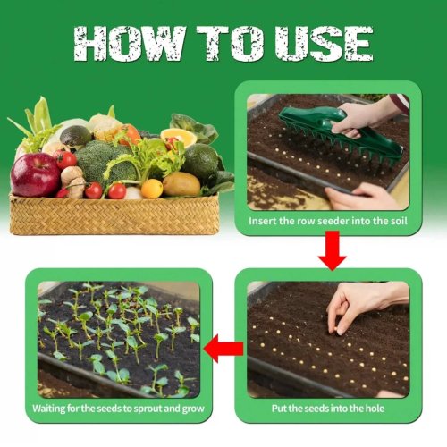 Sembrador de hileras manual — herramienta de mano para espaciar con precisión semillas y plantones en filas y bandejas; para verduras, flores y hierbas. Resistente y ergonómico.