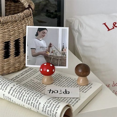 Cute Wooden Mushroom Photo & Business Card Holder — Space-Saving Desk Note Stand