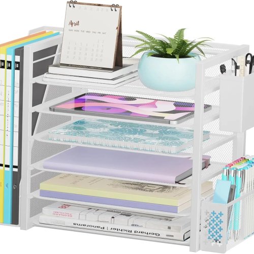 Organisateur de bureau 6 niveaux avec bac à papier, porte-dossiers et pot à stylos – blanc, gain de place