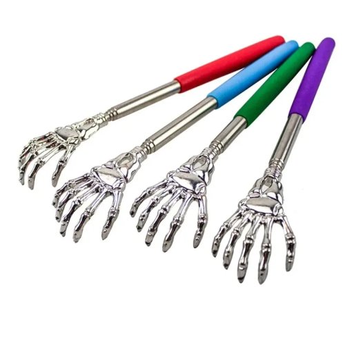 Teleskopischer Rückkratzer in Totenkopf-Hand-Form, aus Edelstahl mit Schaumstoffgriff