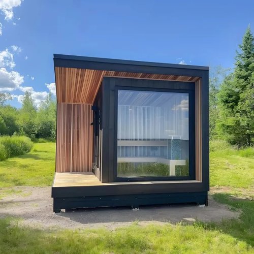 Mobiele buitensauna 4–8 personen — Combinatie elektrische & houtkachel, douche, massief hout, fabrieksmaatwerk