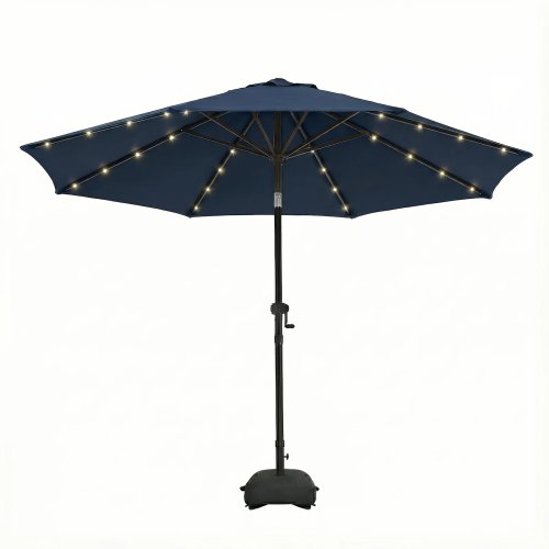 Guarda-sol solar 3 m com base, 32 LEDs, ventilação, inclinação por botão e manivela