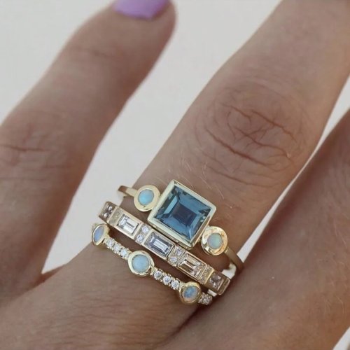 Set de 3 anillos de moda en aleación con piedras azules y ópalo para mujer — para uso diario