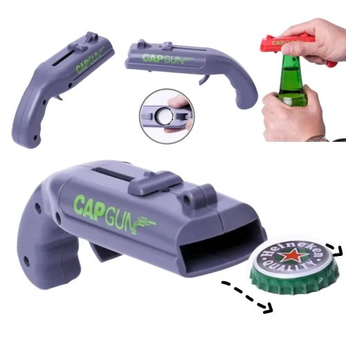 Flaschenöffner ‚Cap Gun‘ – tragbarer Flaschenöffner mit Kapselwerfer, Party- und Bar-Tool