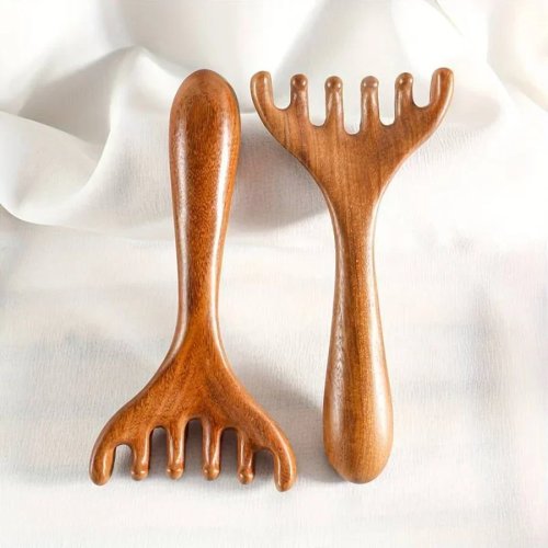 Peigne masseur cuir chevelu Gua Sha en bois de santal, forme corne — 1 ou 2 pièces