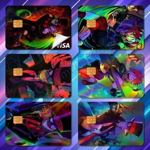 Autocollant-skin holographique arc-en-ciel pour carte bancaire/ID/acces — motifs : D-Demencia / V (Villainous) / Black Hat