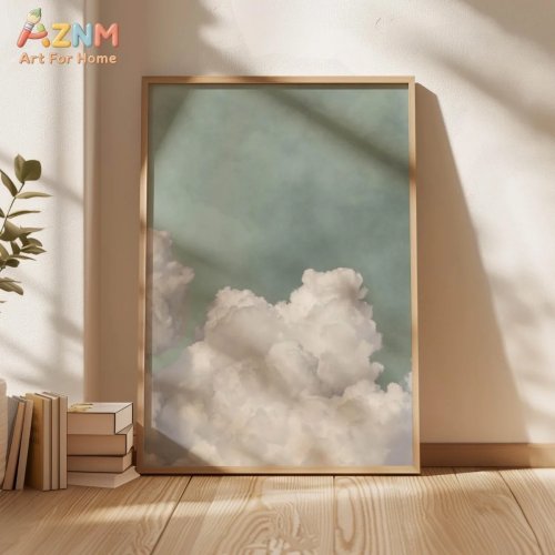 2-piece unframed canvas wall art set – sage green sky & white clouds, minimalist abstract modern nature decor
