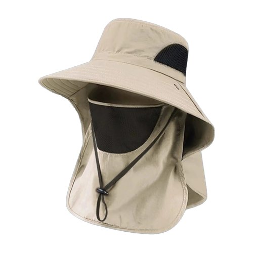 Damski kapelusz wędkarski (bucket hat) z osłoną na kark, szerokim wentylowanym rondem i ochroną UV — letni kapelusz na podróż i outdoor