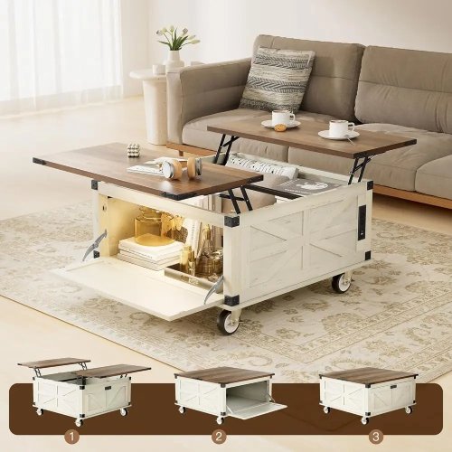 Mesa de centro 36" con tapa elevable doble cara y almacenamiento con llave — Mesa cuadrada grande de madera estilo farmhouse