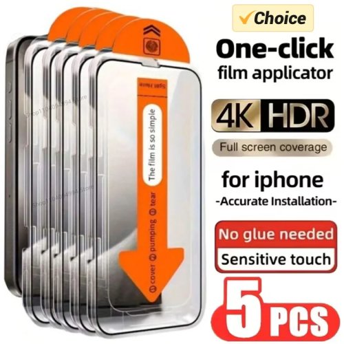 ชุด 5 ชิ้น กระจกนิรภัยเคลือบกันคราบน้ำมัน (oleophobic) สำหรับ iPhone 11/12/13/14/15/16 (Mini/Pro/Pro Max/Plus) — กันฝุ่น ติดตั้งง่าย