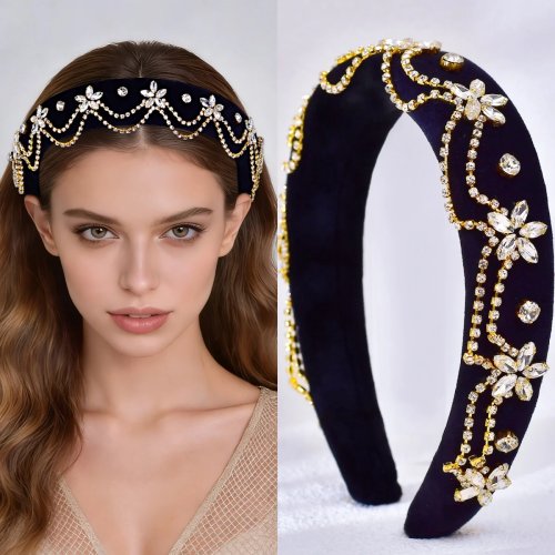 Serre-tête en velours noir à strass et franges — Coiffe haute scintillante pour soirée et bal de promo