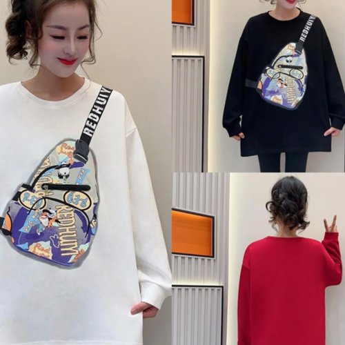 T-shirt mulher manga comprida outono com fecho – algodão, estampado, tamanhos grandes