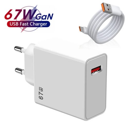 شاحن USB بقوة 67 واط شحن سريع (قابس EU/US/UK) — محول شحن Turbo لهواتف Poco X6 Pro, X5, F5, Mi 14/13/12s, Redmi K60/K50