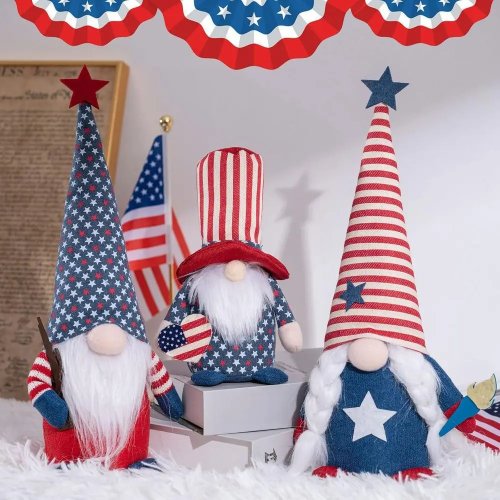 Zestaw 3 ręcznie wykonanych patriotycznych krasnali — pluszowe Stars & Stripes, dekoracja na 4 lipca (Dzień Niepodległości USA) i Dzień Weterana/Memorial