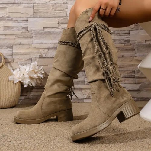 Stivali donna stile cowboy in pelle scamosciata con frange, al ginocchio, tacco medio spesso, colore kaki, retrò, invernali, taglie grandi