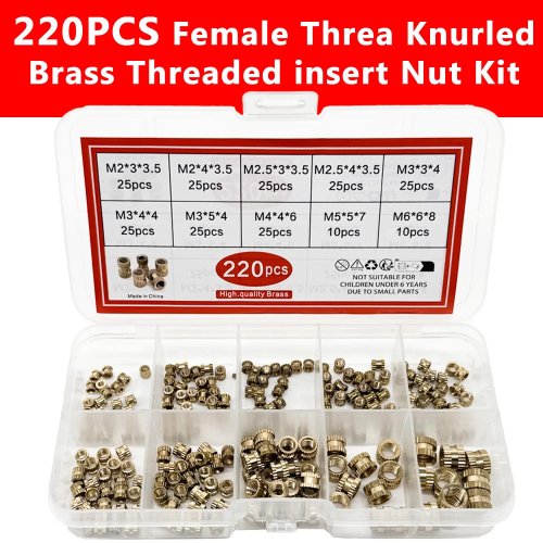 Set 220 inserti filettati in ottone (heat‑set) M2–M6, zigrinati, per inserimento termico in plastica