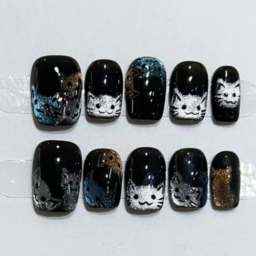 10 pezzi Unghie Finte Press-On con Gatto Nero, in acrilico corte e quadrate, effetto Cat Eye cristallo, lucide, fatte a mano