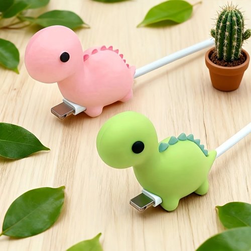 Silikonen kabelbeschermer dinosaurus voor Apple Lightning-kabel — breukbestendige opladen/data bescherming, roze/groen