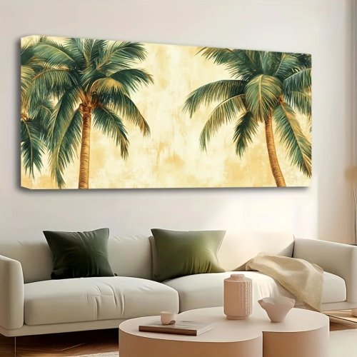 Quadro tramonto tropical con palme, paesaggio marino, cornice in legno massello di pino spessore 3,8 cm — decorazione da parete