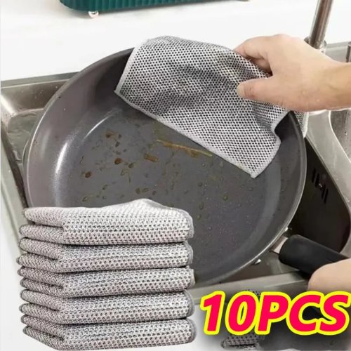 Paquete de 10 Trapos de Cocina — Paño de microfibra grueso con esponja integrada y estropajo de acero inoxidable, trapo para lavar platos