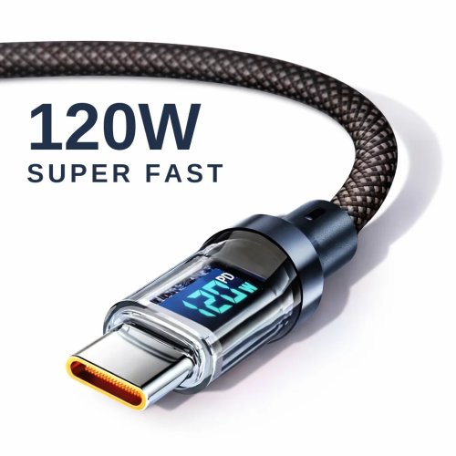 Cable de carga rápida USB‑C 100W/120W con pantalla LED — USB‑A a USB‑C y USB‑C a USB‑C, cable Type‑C de alta velocidad para móviles