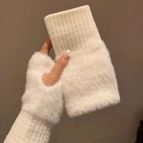 Damen fingerlose Handschuhe – plüschige, gestrickte Halb‑Finger Stulpen, warm bis zum Handgelenk, ideal zum Tippen/Schreiben