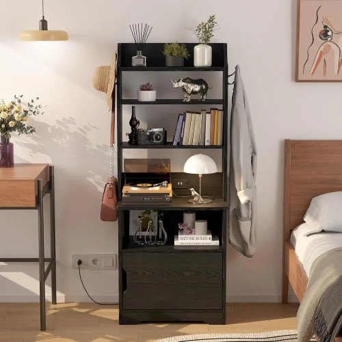 55 Table d'appoint haute vintage noire avec station de charge, rangement et petite étagère à livres – pour salon ou chambre