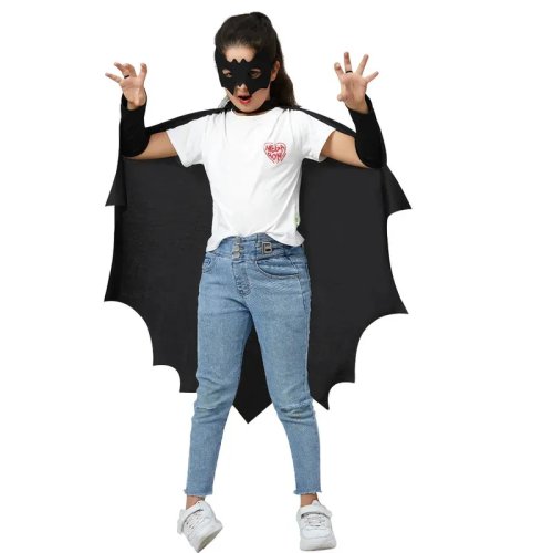 Kinder Fledermaus-Kostüm – Schwarzes Ganzkörperkleid mit Hut und Maske, Halloween, Gr. 3/6/8