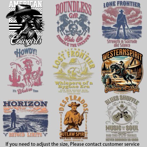 Wild West poster heat transfers for clothing — Western adventure iron-on designs, quick DIY application