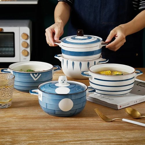 Ceramiczna miska do zup/makaronu z pokrywką, 15 cm — japoński styl, porcelanowa miska na zupę/sałatkę z uchwytami