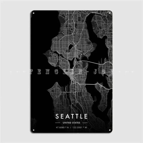 Seattle city map — Dark metal tin sign / vintage poster plaque