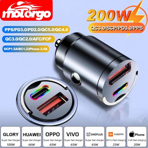 شاحن سيارة ميني USB‑C PD / QC3.0 100W/200W 12–24 فولت شحن سريع لهواتف iPhone وSamsung وHuawei وXiaomi