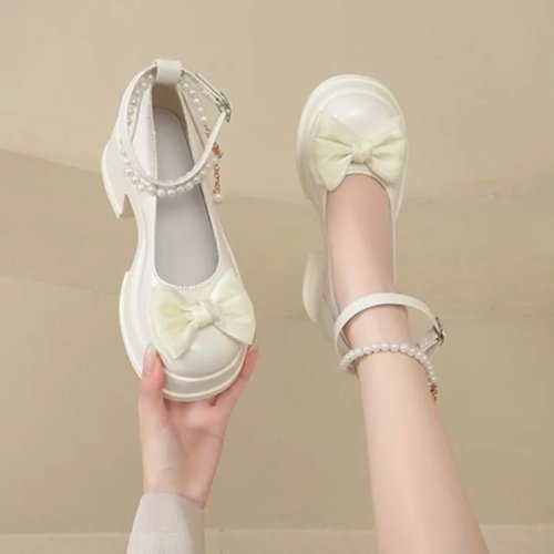 Sepatu hak tinggi wanita warna polos dengan pita dan satu tali gesper — Musim Semi/Musim Gugur