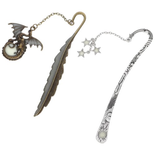 2pcs Glow-in-the-Dark Vintage Metal Bookmarks with Dragon Star Pendant – Engraved Design & Secure Hook for Night Reading