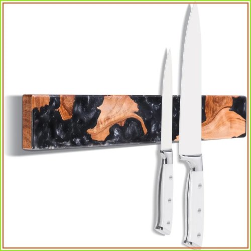 Rak pisau magnetis 41 cm untuk dinding — kayu akasia burl & resin hitam, magnet kuat, penyimpanan dapur hemat tempat