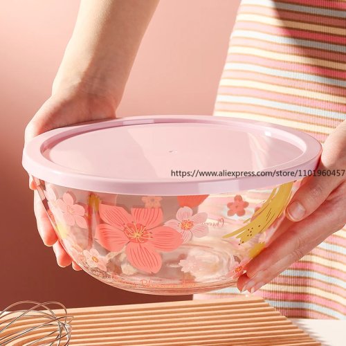 Cuenco cerámico redondo con motivo flor de cerezo y tapa — resistente al calor, diseño pastoral chino estilo dibujo animado