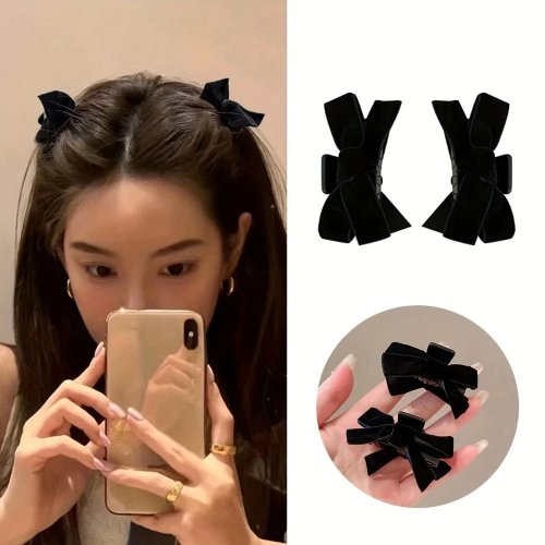 2-delige set zwarte fluwelen strik haarclips – Ponyclips, haaraccessoire voor dames