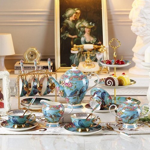 Чайно-кофейный набор Blue Bird из bone china, европейский стиль — чайник, чашки, сахарница и молочник