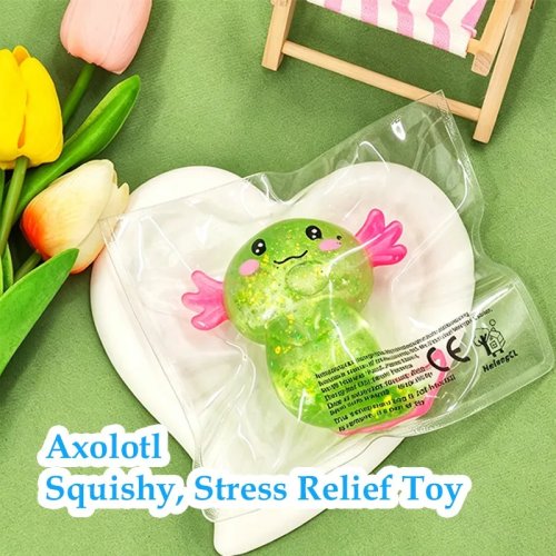 5‑Farben Axolotl Squishy (runder Mund) mit Glitzer, langsam zurückfederndes Anti‑Stress Knautschspielzeug, Schreibtischdeko & Souvenir